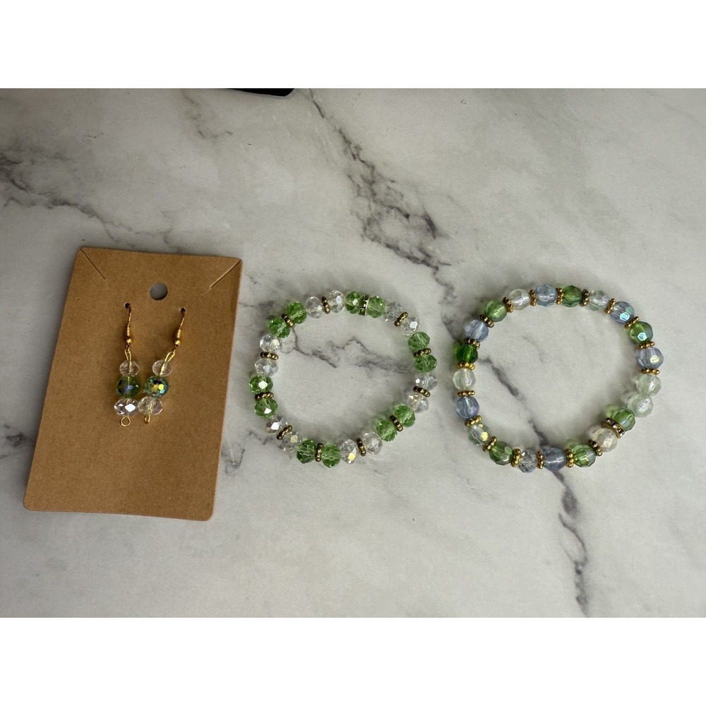 handmade beaded iridescent jewelry set‎ earrings & 2 bracelets green blue clear